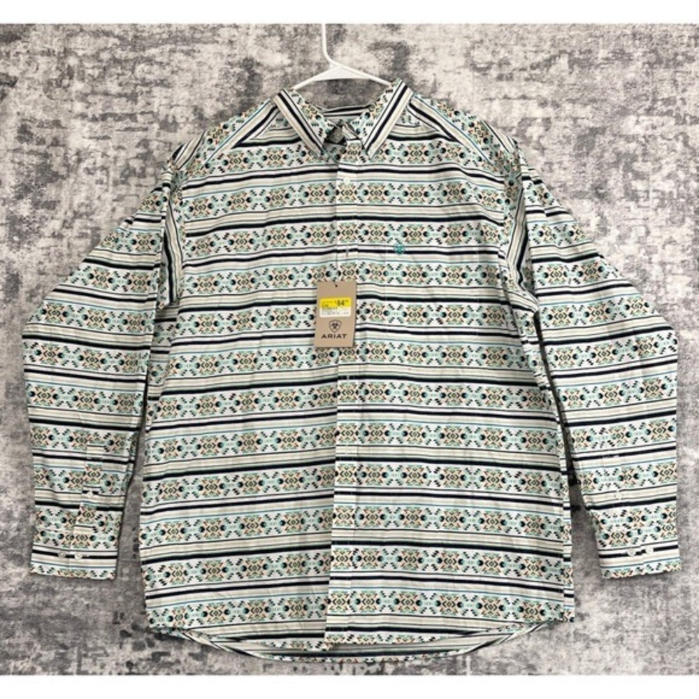 Ariat Mens Shirt XL Classic Fit Southwestern Aztec Stripe Teal Long Sleeve NWT